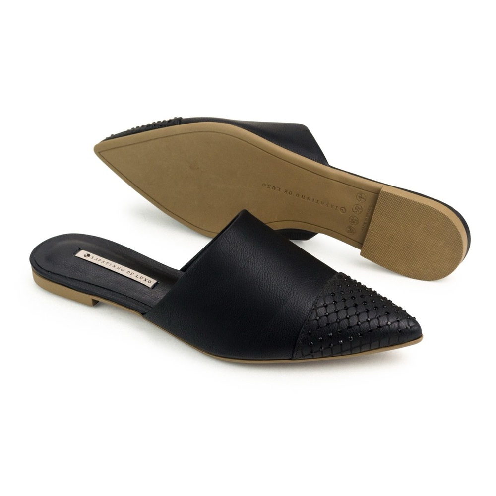 New Black leather pointed toe slip on flat mules size 6 girly preppy comfy chic